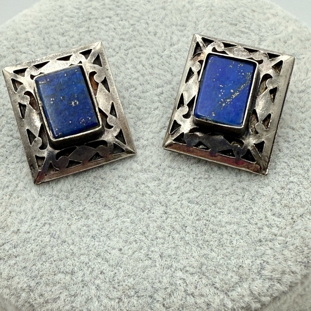 Vintage Sterling Silver and Lapis Clip-On Earrings.